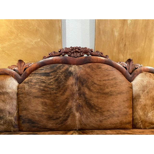 Wood French Settee- Vintage French Country- 1800s-Reupholstered Brindle Cowhide For Sale - Image 7 of 10
