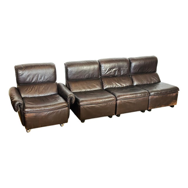 Scandinavian Modular Leather Sofa and Armchair, 1960s, Set of 4 For Sale