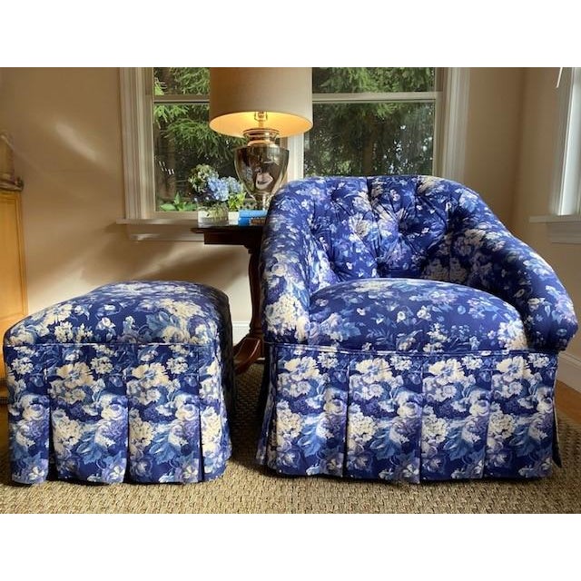 Blue Custom Curvy Chair and Ottoman in Ralph Lauren For Sale - Image 8 of 12