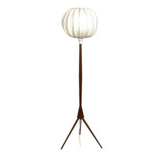 Scandinavian Modern Swedish Teak Tripod Floor Lamp with Pleated Fabric, 1960 For Sale