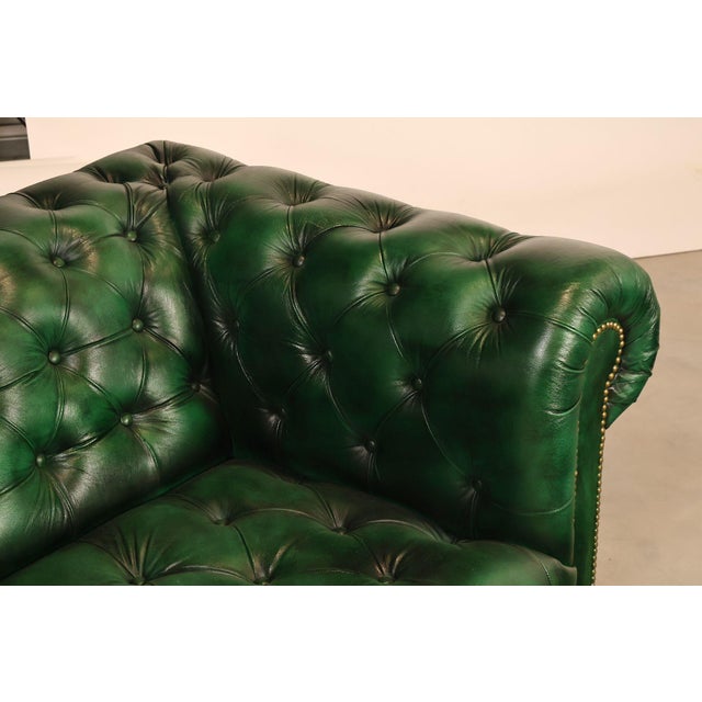 Chesterfield Style Green Leather Sofa For Sale In Philadelphia - Image 6 of 16
