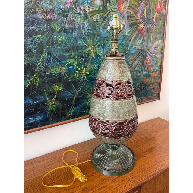 John Richard Pierced Red and Hammered Metal Urn Form Table Lamp 29” For Sale - Image 4 of 12