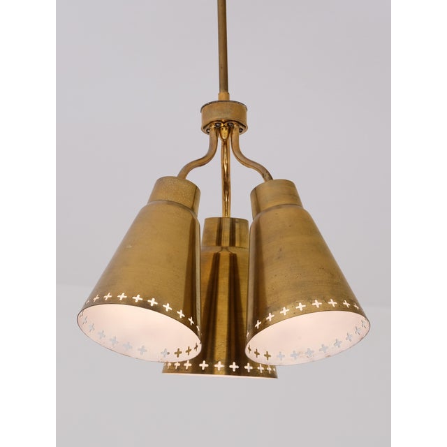 Vintage Three-Arm Brass Pendant Light with Perforated Shades by Einar Backström, Sweden, 1950s For Sale - Image 6 of 12