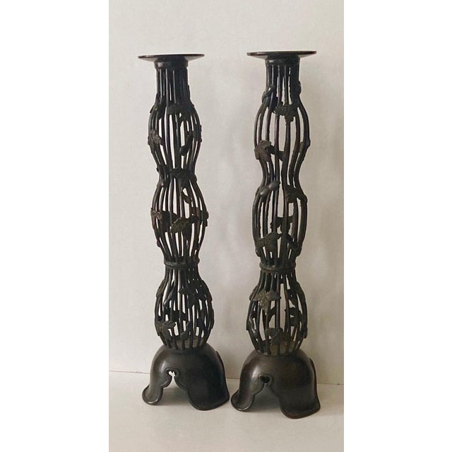 1940s Japanese Bronze Candle Stands/Holders a Pair For Sale In New York - Image 6 of 7