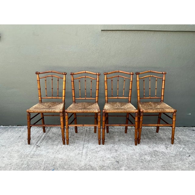 Mid-Century Modern Vintage Bamboo-Style Wood and Cane Chairs - Set of 4 For Sale - Image 3 of 14