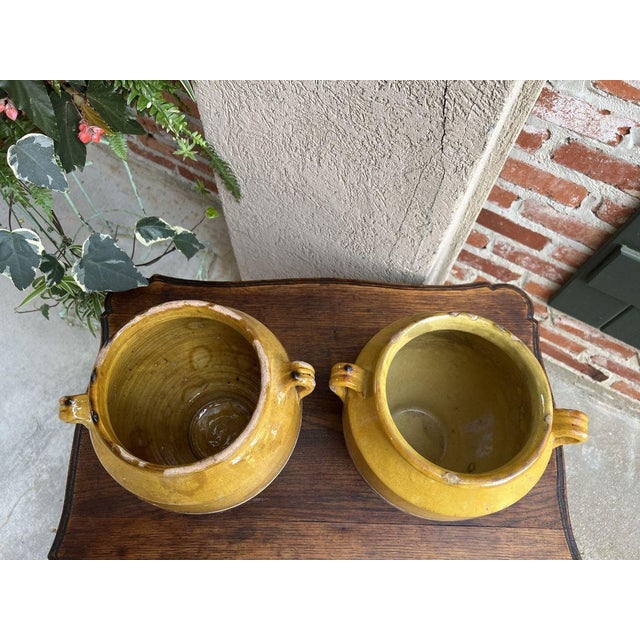 Pair Antique Provincial French Yellow Glazed Pottery Confit Pot Urn Vase Vessel For Sale - Image 11 of 13