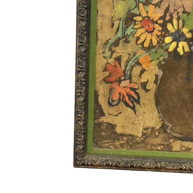 Dark Green Vintage Signed Floral Still Life Mixed Media Painting on Textured Board in Ornate Frame Possible Batik Print. For Sale - Image 8 of 10