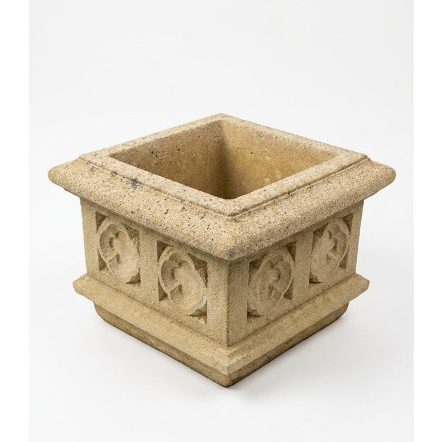 2000 - 2009 A Pair of English Gothic Revival Cast Stone Square Planters For Sale - Image 5 of 10