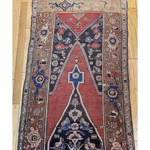 Antique Persian Bidjar Wide Runner, Hand-Knotted Wool, Geometric Pattern, Terracotta & Navy, 4x11 For Sale - Image 17 of 18