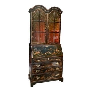 Drexel Heritage “Et Cetera” Collection Asian Chinoiserie Black Lacquer Secretary Desk Bookcase For Sale