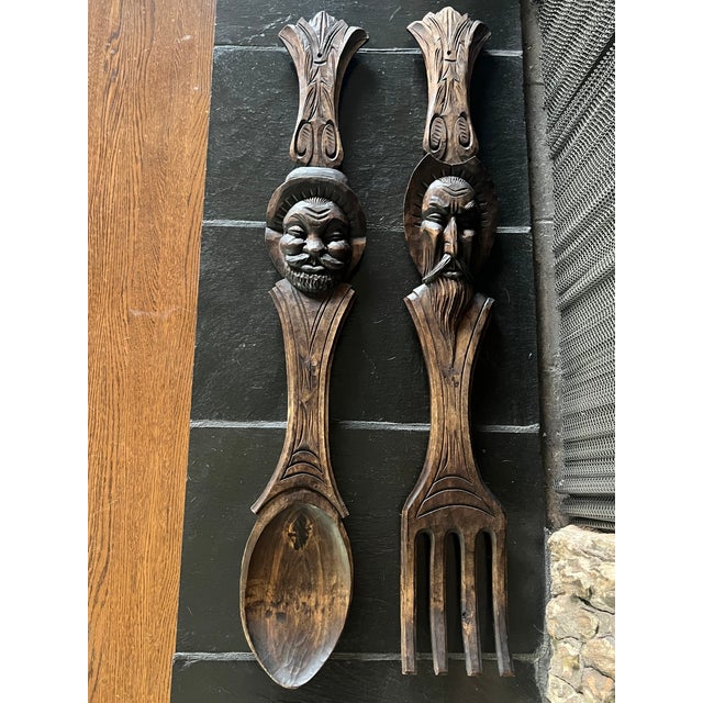 1960s 1960s Mid-Century Spanish Revival Oversized Hand-Carved Wood Fork & Spoon Wall Decor - Pair For Sale - Image 5 of 8
