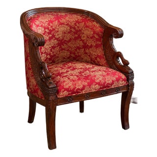 Early 20th Century Carved Mahogany Swan Barrel Chair For Sale