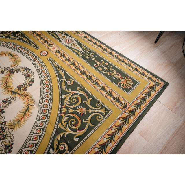 9x12 Vintage Aubusson Flat Weave Wool Rug, Green and Gold Empire Medallion For Sale - Image 4 of 15