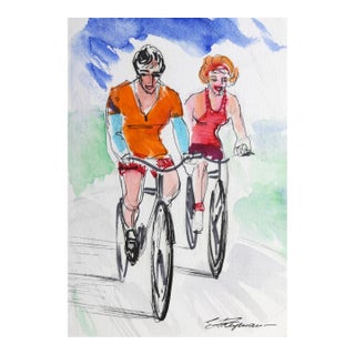Bike Ride, Erik Freyman Watercolor With Pen on Paper, Signed in Pen For Sale