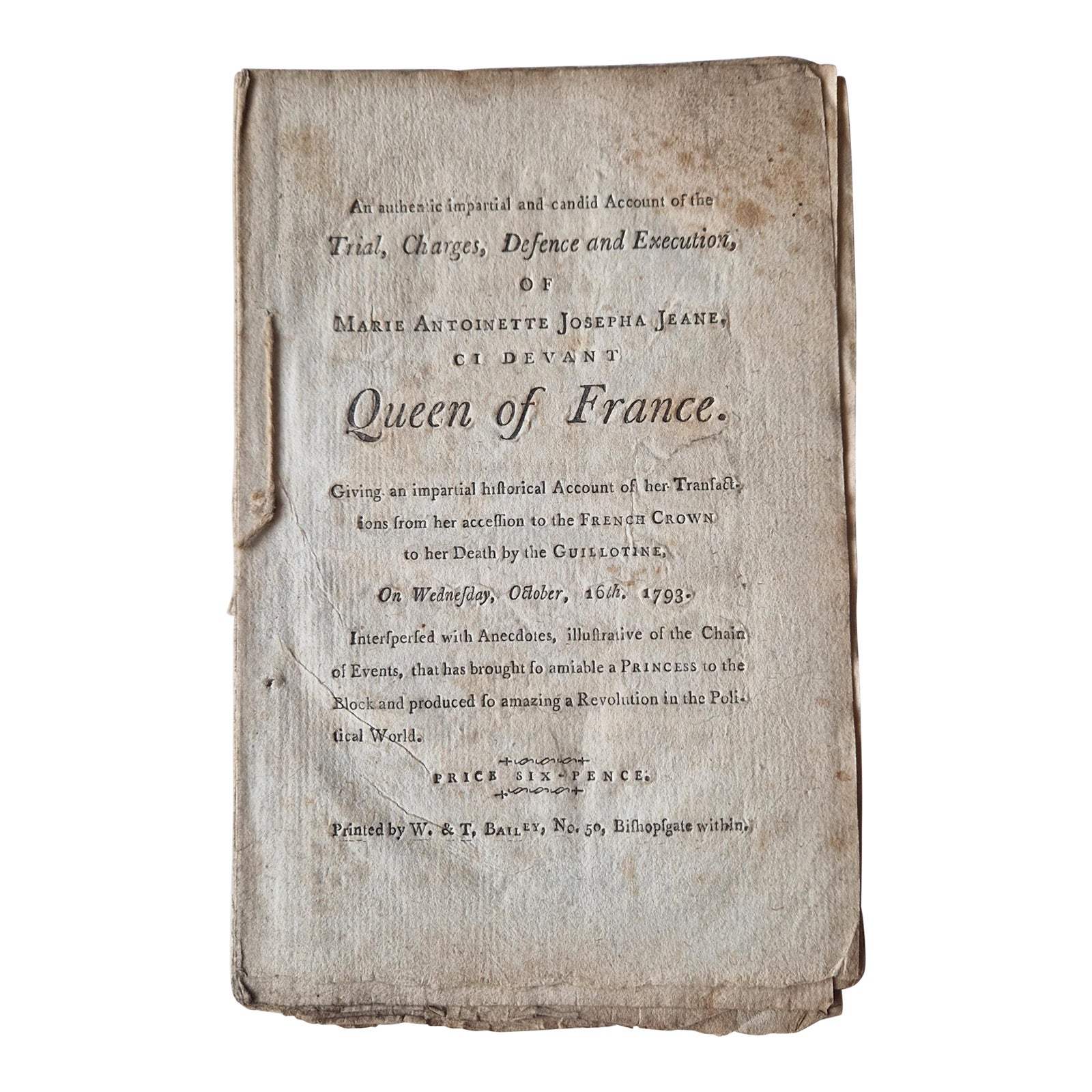 Unique Historical Pamphlet of Trial of Marie Antoinette Queen of France ...