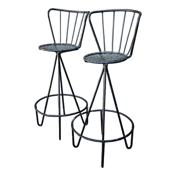 Vintage Atomic MCM Wrought Iron Barstools - A Pair For Sale