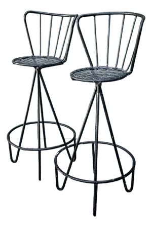 Vintage Atomic MCM Wrought Iron Barstools - A Pair