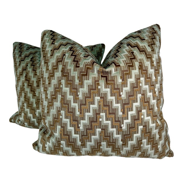 Chevron Cut Velvet in Brown/Mint 22" Pillows-a Pair For Sale
