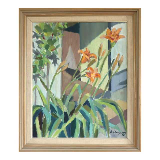 1955 Mid-Century Modern 'Daylilies in Sunlight' Vintage Original Floral Still Life Oil Painting, Framed For Sale