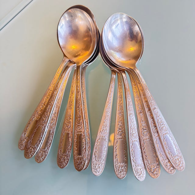 1930s Art Deco Bowl Soup Spoons (Gumbo) Mildred Silverplate, C1936 by National Silver Co 12 Pc Pruistine For Sale - Image 16 of 16