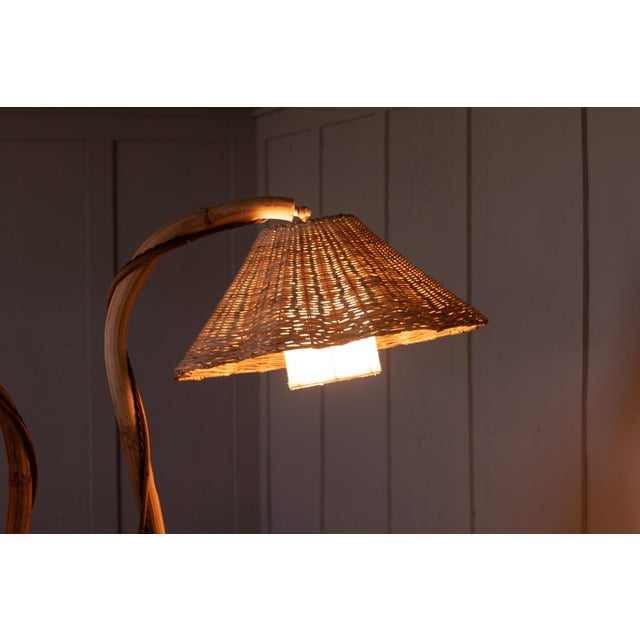 Mid-Century Modern Thalia Double Rattan Floor Lamp With 2 Adjustable Woven Floral Conical Shades For Sale - Image 3 of 14