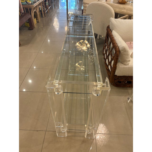 Charles Hollis Jones Vintage Modern Peg Lucite Console Table Two Tier New Glass Tops For Sale - Image 4 of 12