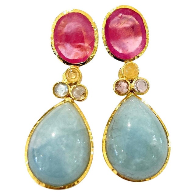 Gemstone Bochic "Orient" Multi Sapphire, Aquamarine & Ruby Earrings Set 18K Gold&Silver For Sale - Image 7 of 18