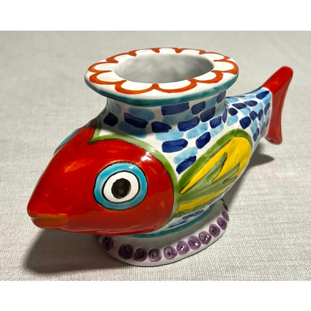 Whimsical and vividly expressive, this MCM Italian DeSimone for Vietri hand-painted fish planter showcases the bold,...