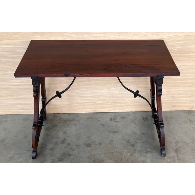 19th Spanish Side Table With Carved Turned Legs and Iron Stretcher For Sale - Image 4 of 10