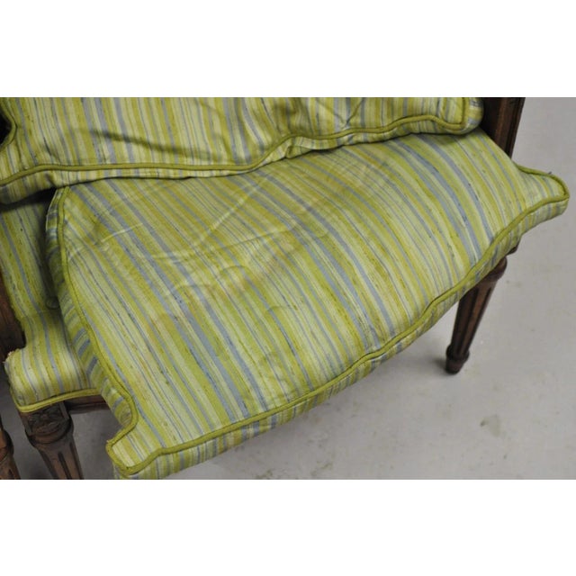 Green Antique Italian Regency Distress Carved Walnut Barrel Back Club Arm Chair, Pair For Sale - Image 8 of 11