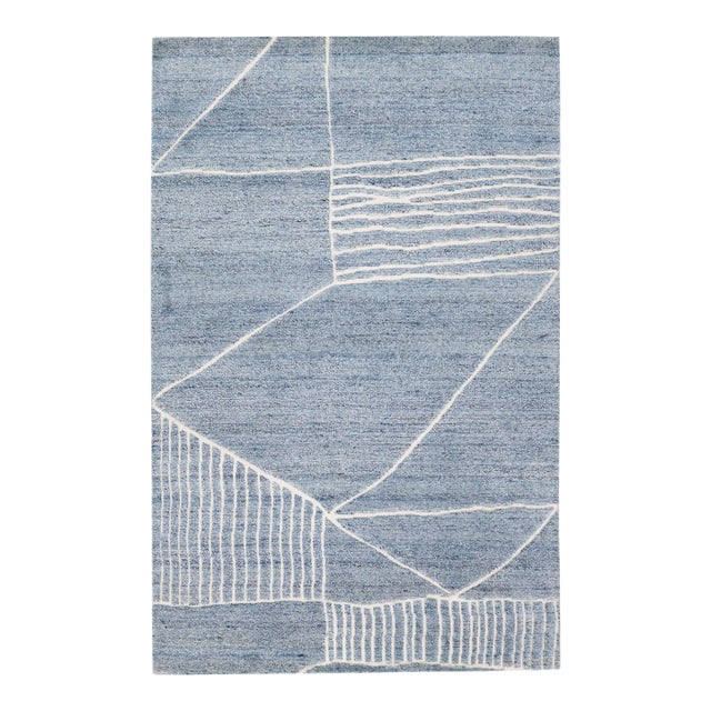 2010s Modern Moroccan Style Blue Handmade Wool Rug With Geometric Motif by Apadana For Sale