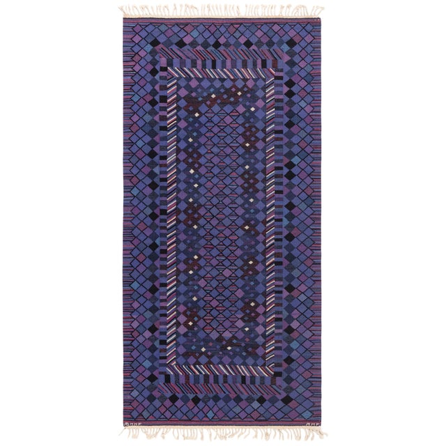 Vintage Scandinavian Blue Flatweave Rug by Märta Måås-Fjetterström, AB MMF For Sale