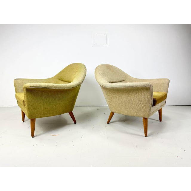 Pair of 1950’s lounge chairs by Brondera Andersson. Sculptural organic design form of this unique upholstered chair. Beech...