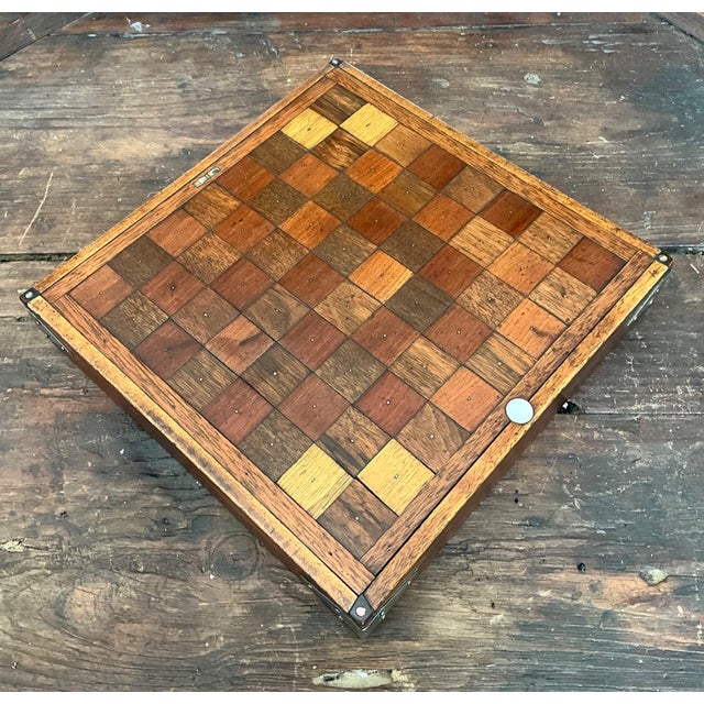 Vintage Wooden Chessboard With Metal Accents For Sale - Image 14 of 18