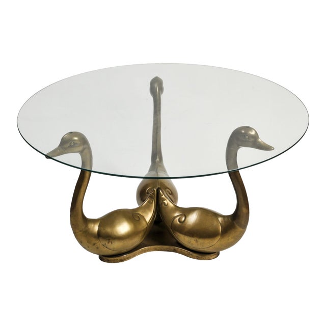 Vintage Brass Swan Coffee Table With Round Glass Top For Sale