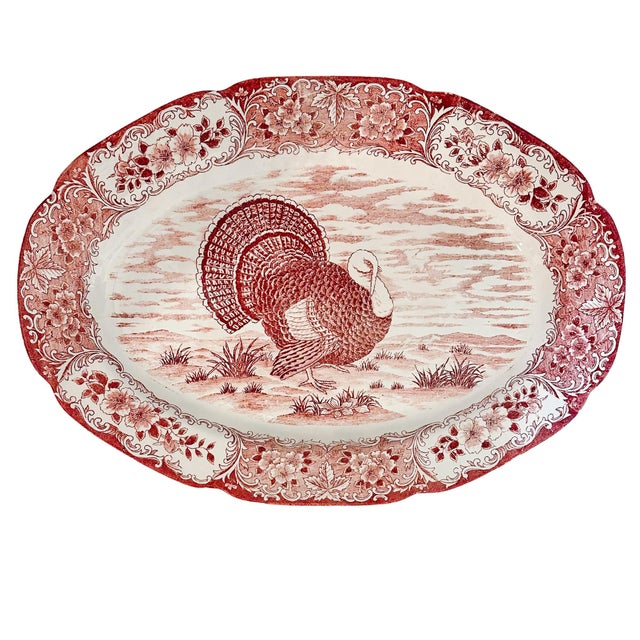 Ceramic Large Vintage Japanese Red & White Transferware Turkey Platter For Sale - Image 7 of 8