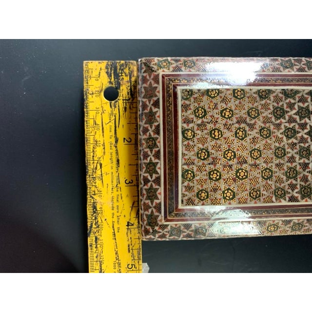 Brown Persian Geometric Inlay Khatamkari Wood Trinket Box Lidded Rectangle For Sale - Image 8 of 9