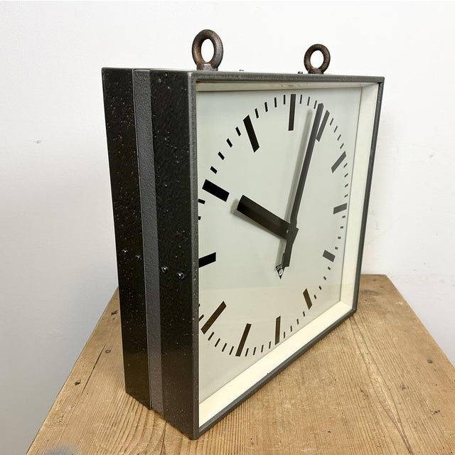 Large Industrial Square Double-Sided Factory Hanging Clock from Pragotron, 1970s For Sale - Image 10 of 15