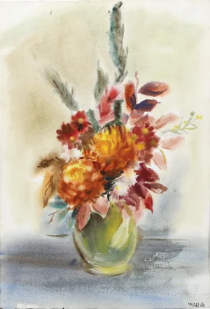 Eve Nethercott, Red Flowers in Vase (P1.21), Watercolor on Paper