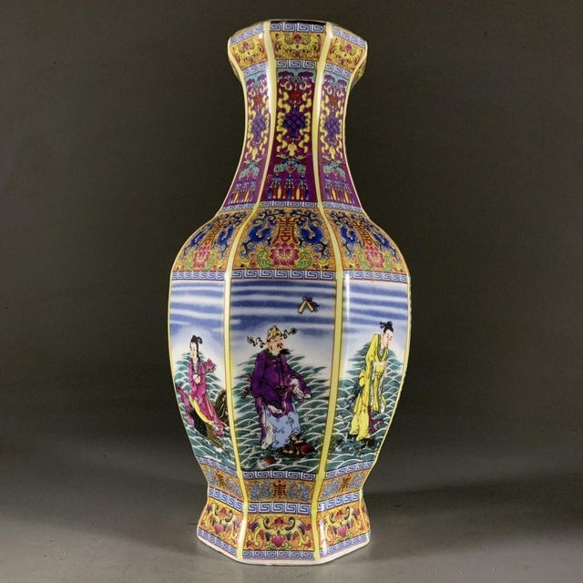 Chinese Mid 20th Century Exquisite Hexagonal Chinese Famille Rose Porcelain Vase With Figural Panels & Gilt For Sale - Image 3 of 7