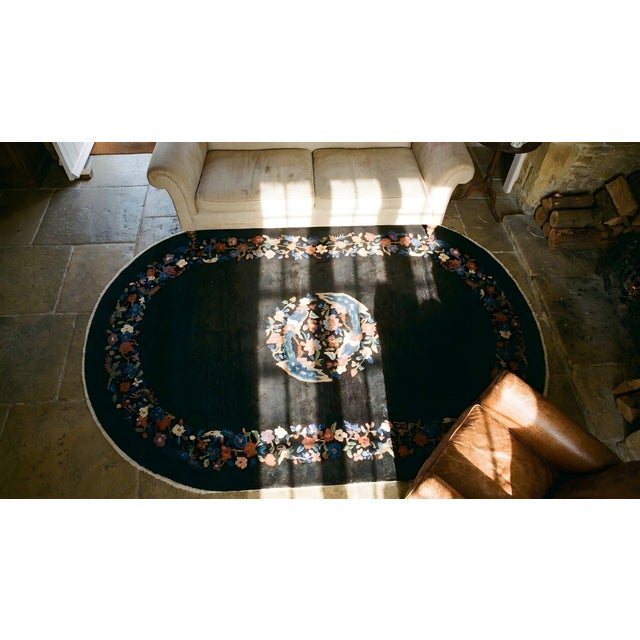 1920s Black Medallion Floral Antique Oval Chinese Art Deco Carpet 4'1" X 6'10" Wool Knotted Rug For Sale - Image 10 of 12