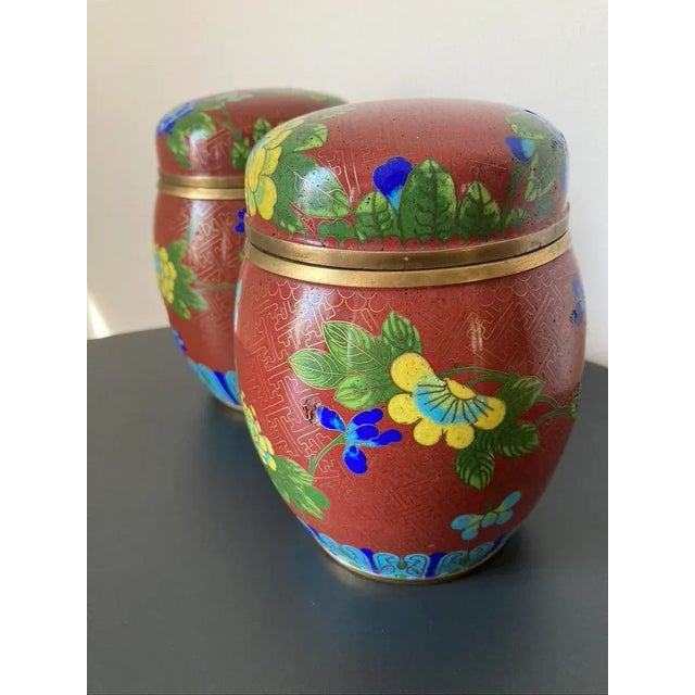 Cloisonne Burgundy Floral Enamel and Brass Ginger Jars, a Pair, Medium For Sale - Image 14 of 18