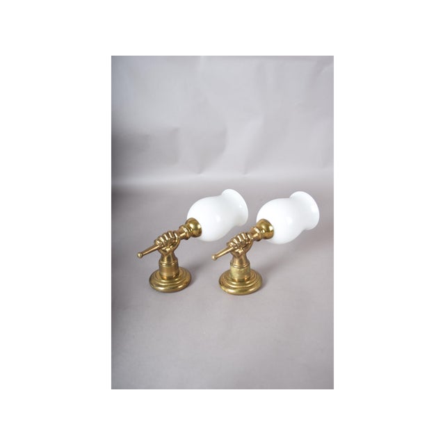 Mid-Century Brass and Opaline Glass Wall Sconces in the style of André Arbus, France, 1950s, Set of 2 For Sale - Image 11 of 14