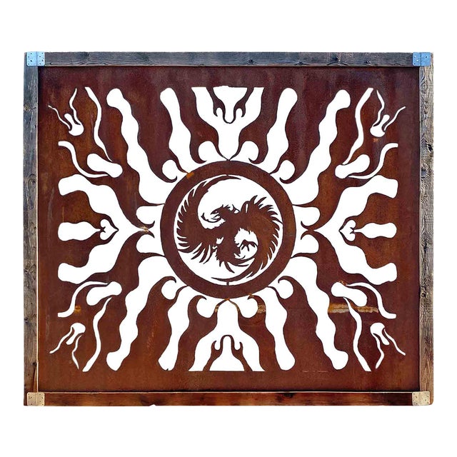 Steel Torch Cutout Panel With Flame and Phoenix Design For Sale