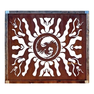 Vintage Steel Silhouette Torch Cutout Panel With Flame and Phoenix Design For Sale