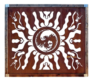 Vintage Steel Silhouette Torch Cutout Panel With Flame and Phoenix Design