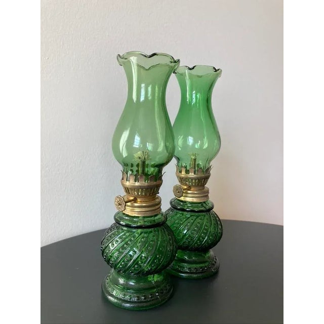 Farmhouse Asian Green Glass Table Oil Lamps, Set of 2 For Sale - Image 3 of 12