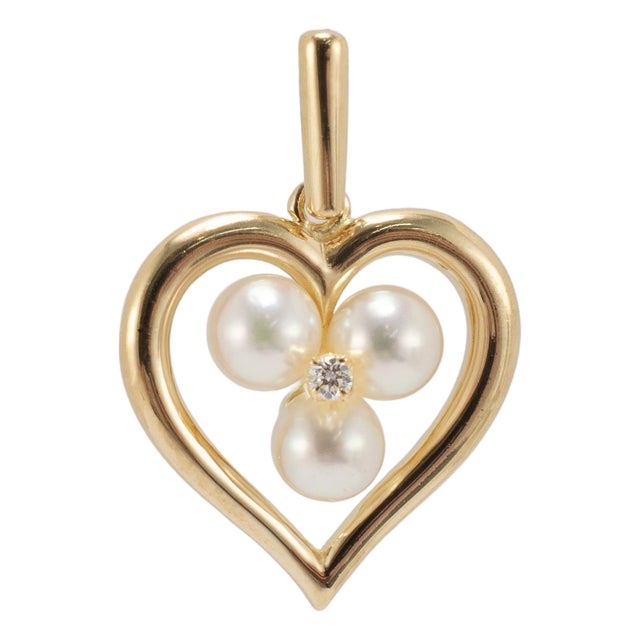 Retired Mikimoto 18k Yellow Gold Pearl Pendant Heart Motif Drop Pendant For Sale