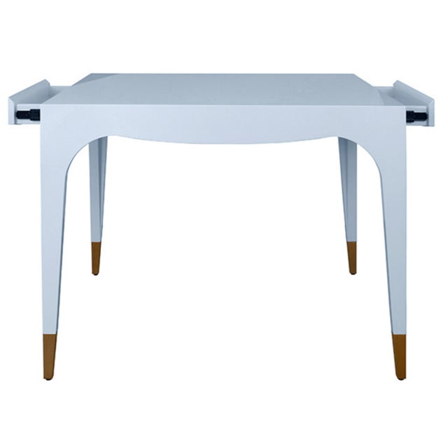Worlds Away Matthew Izzo Home Lacey Light Blue Lacquer Game Table With Antique Brass Foot Caps For Sale - Image 4 of 7