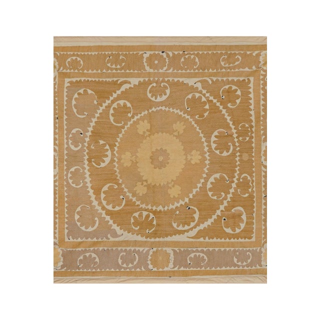 Soft Earth Tone Suzani Textile, Hand Stitched Uzbek Home Decor 4'2'' X 4'8'' For Sale - Image 4 of 10